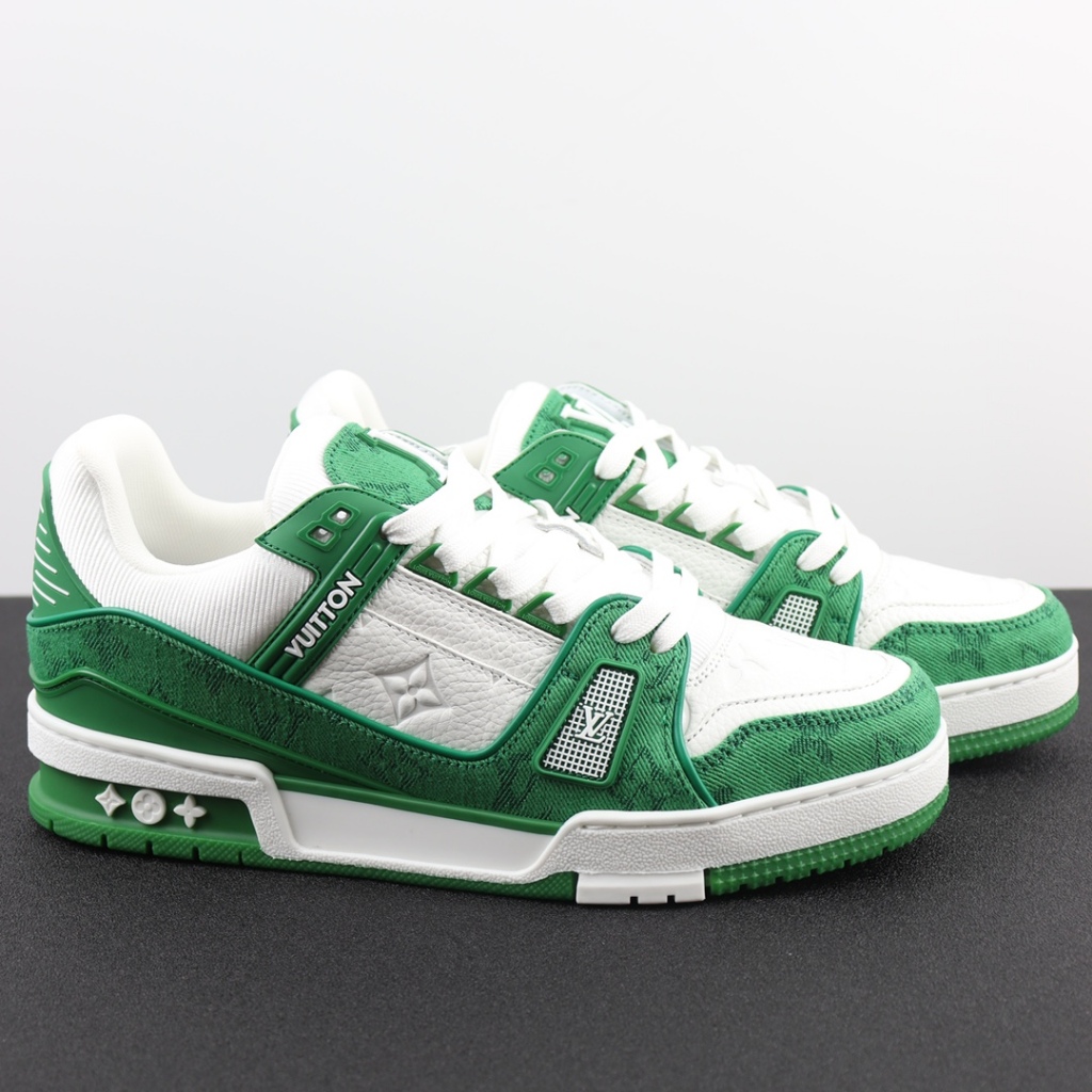 ✨LOUIS VUITTON Trainer sneakers casual low-top fashion pria hijau dan putih [✅Kotak hadiah]