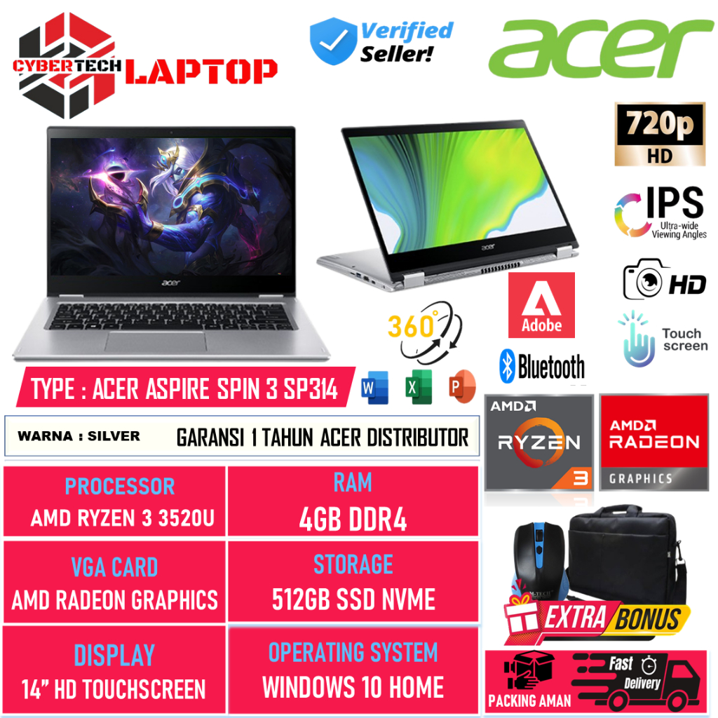 Laptop Flip Acer Spin 3 SP314 Amd Ryzen 3 3250U 4GB 1TB SSD 14 Inch HD Touchscreen Windows 11 Home