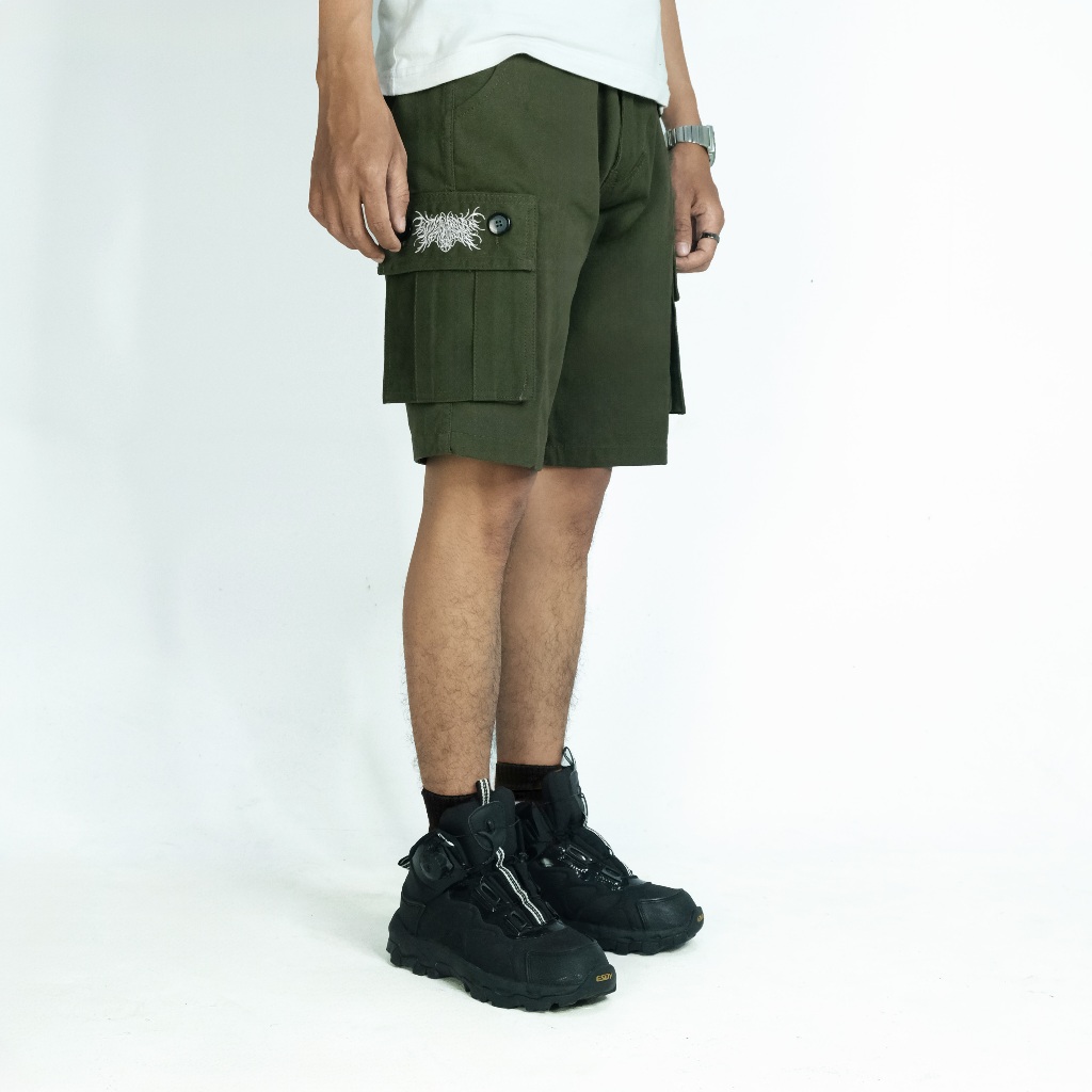 Celana Pendek Cargo Distro Pria Unisex Metal Heads Cotton Twill Hijau Army Vampire Kingdom