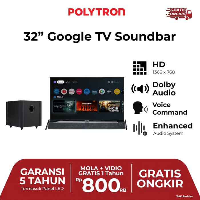 POLYTRON PLD 32BG9058 LED Smart Cinemax Google TV 32 Inch - Televisi Digital Polytron 32"