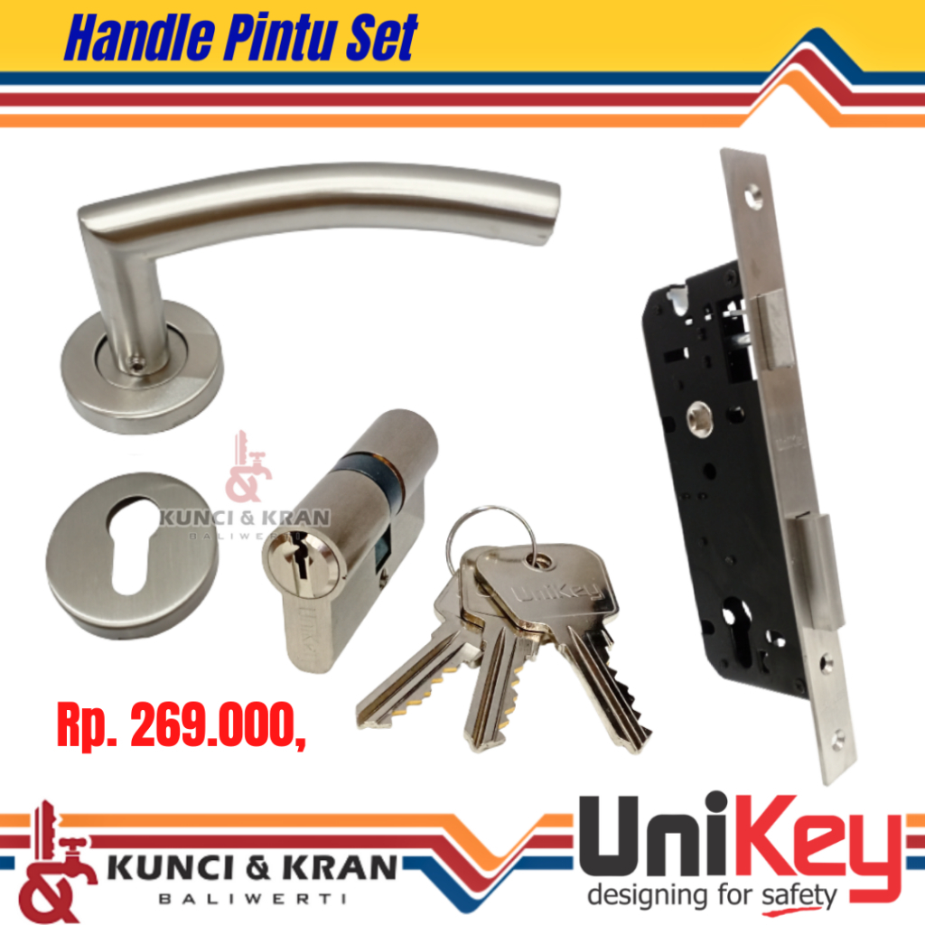 Handle set kunci Unikey HRE 219.52 SS+ Body kunci SW 001-40N + Silinder DC 021-60 SN gagang pintu st