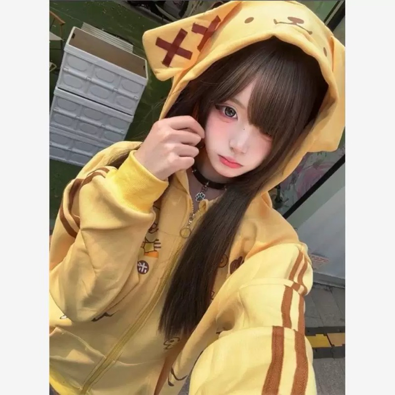 Milkteas Pompompurin Jacket Sanrio Kuning Jaket Beruang Kawaii Jaket Karakter Japan Korean Style Y2K