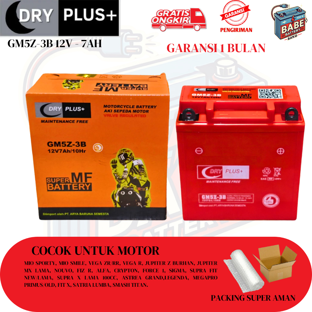 Aki Motor VEGA ZR, SHOGUN 110, SMASH, NEW SMASH (2007) GM5Z-3B Aki kering 12v-7ah