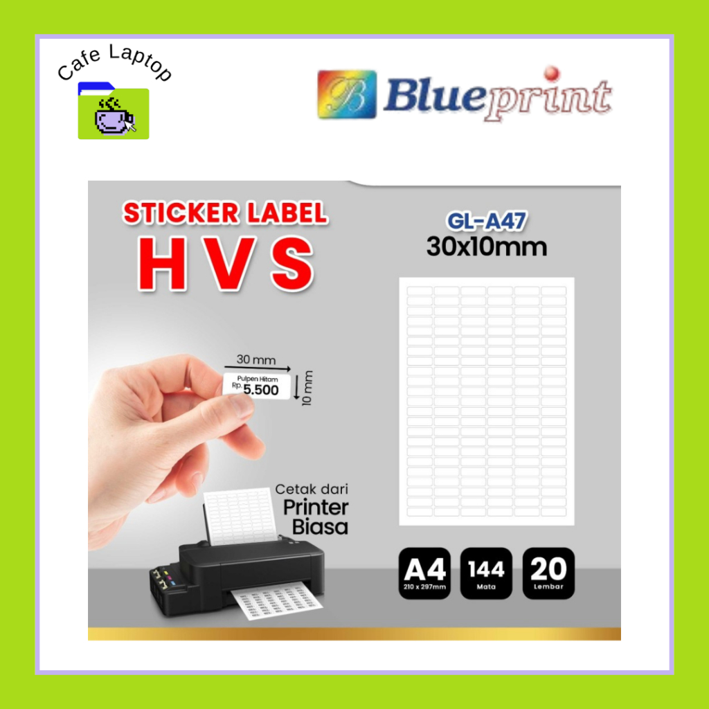 

Kertas Stiker Label HVS Doff A4 BLUEPRINT Uk 30 x 10 mm - 20 lembar