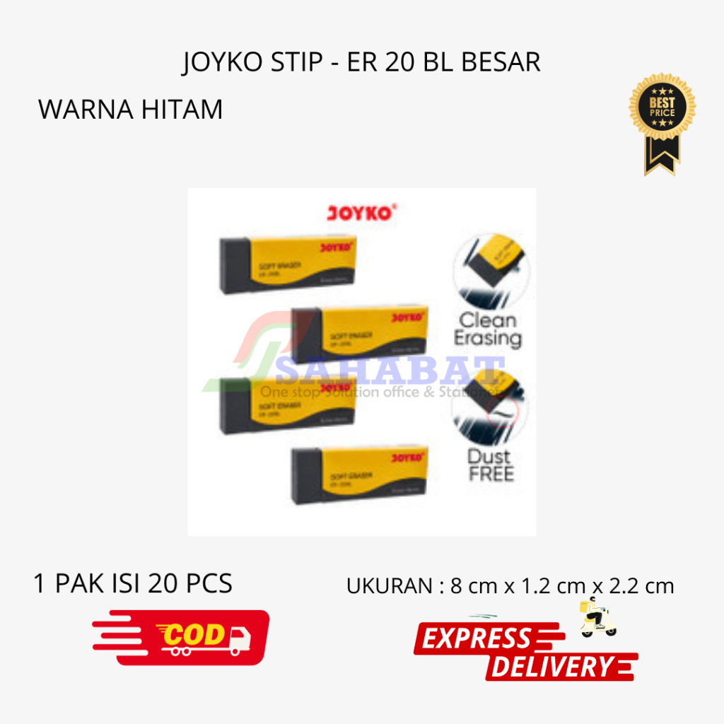 

PENGAPUS PENSIL / PENGAPUS WARNA HITAM / ERASER WARNA PUTIH / JOYKO STIP B 20 BESAR - SATU PAK ISI 20