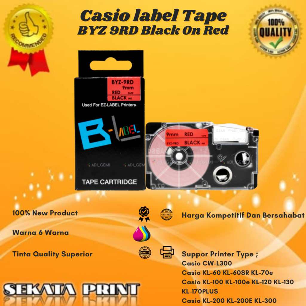 

Sekata Print Compatible Casio Label Tape BYZ-9RD Black On Red - KL-60