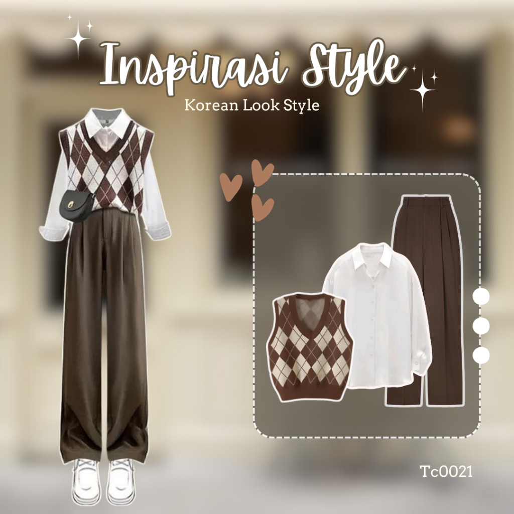 One set korean style Setelan wanita simpel Atasan kemeja | vest rompi | celana coklat| setelan casua