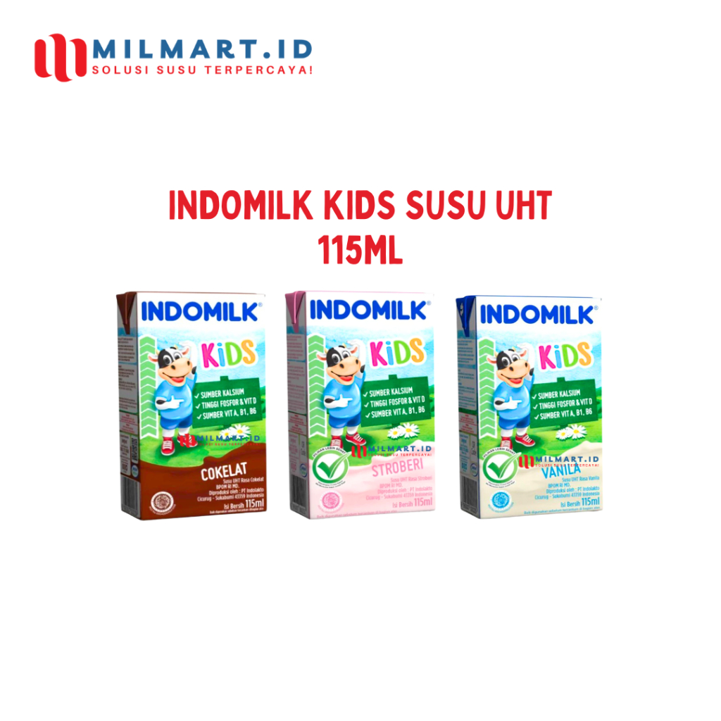 

INDOMILK KIDS SUSU UHT 115ML RASA STROBERI/COKELAT/VANILA SUSU ANAK