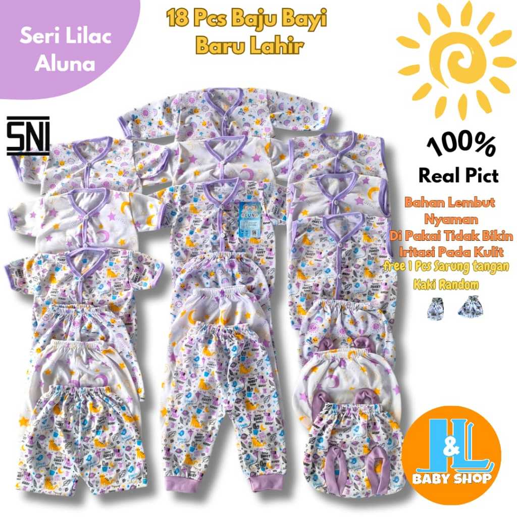 Paket Baju Bayi Baru Lahir 18 Pcs Free 3Pcs Gurita Perekat 9 Set Pakaian Bayi Newborn Seri Lilac