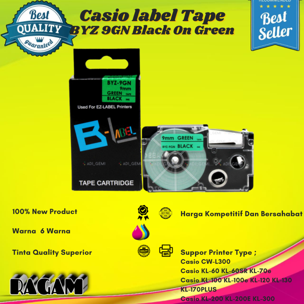 

Compatible Label Tape Casio BYZ 9GN Black On Green - 9mm