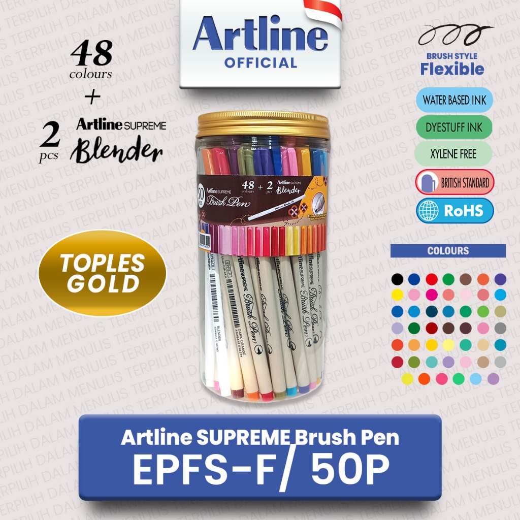

(LIVE) Artline SUPREME Brush Pen EPFS-F/ 50P / Spidol Brush SET Toples Gold Silver 50 pcs Kuas Gambar Sketsa Lettering Calligraphy 48 Colours + 2 pcs Blender 2