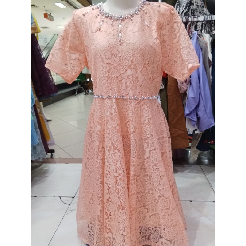 51350 MIDI DRESS LENGAN BALON LEHER KOTAK BAHAN FULL BROKAT GLITER TEBAL MEWAH MIX PAYET CANTIK LENG