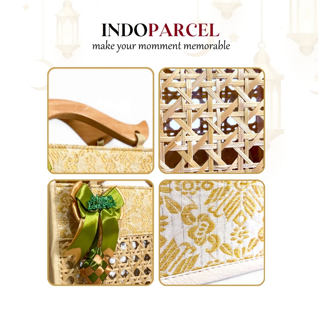 

iDk90 INDOPARCEL - Tas Hampers Lebaran Kain Songket Handle Kayu Kombinasi Anyaman Bambu Bungkus
