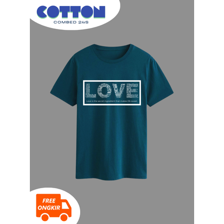 BAJU KAOS BIRU TOSCA LENGAN PENDEK TULISAN KOREA LOVE PRIA WANITA S M L XL COMBED 24S