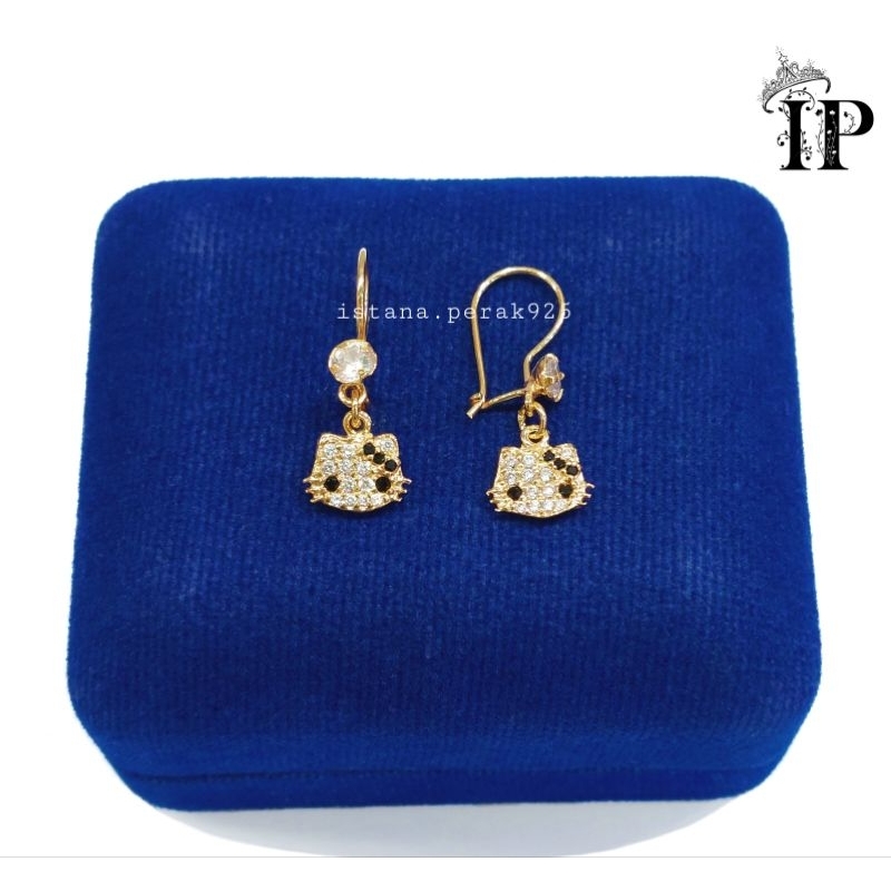 Anting Kait Perak Anak/Dewasa Asli Silver 925 Lapis Emas Putih Model Hello Kitty Permata  - Perhiasa