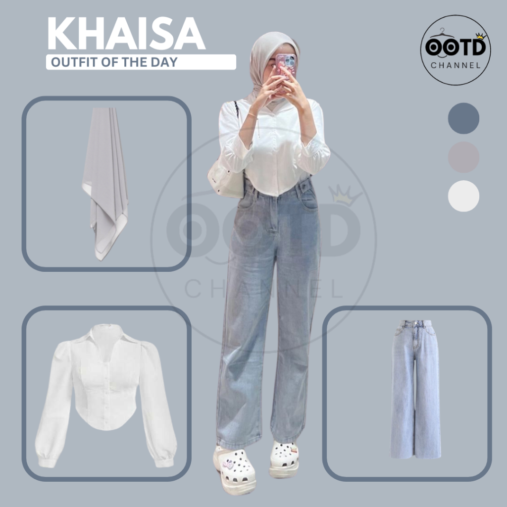 One Set OOTD Hangout Korean Kekinian Hijab 3in1 Blouse Crop Celana Jeans Hijab Segiempat KHAISA