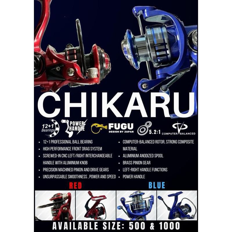 Reel Fugu Chikaru Red & Blue 12+1 ball bearing Power Handle 500 1000 2000 3000
