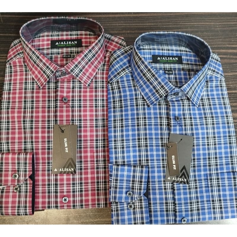 Alisan Kemeja Motif Kotak Kecil KB Lengan Panjang Slimfit