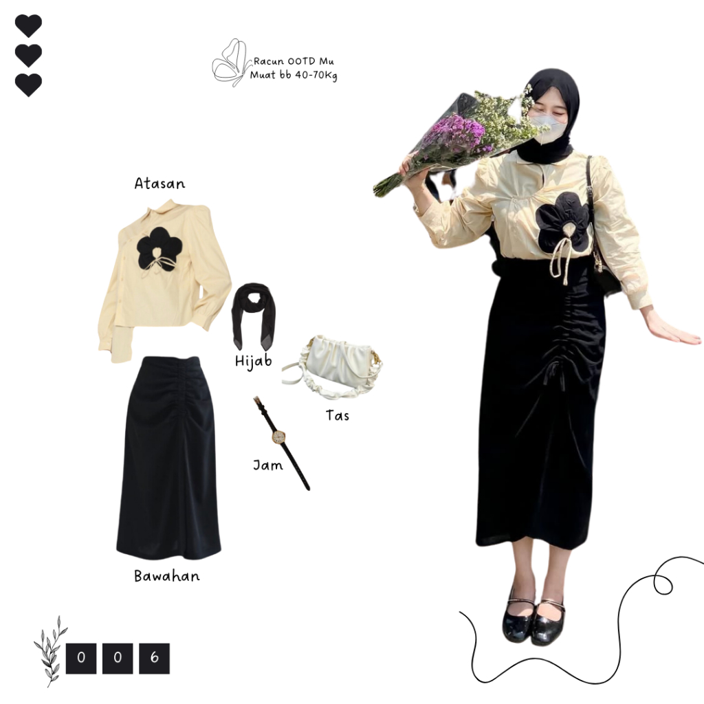 One set OOTD Kekinian Wanita 3in1 Hijab Pashmina + Kemeja Bunga || ROK SERUT ROOM006