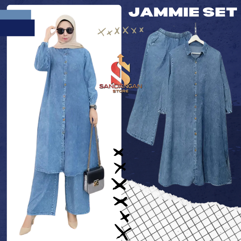 𝕊𝕒𝕟𝕕𝕒𝕟𝕘𝕒𝕟.𝕤𝕥𝕠𝕣𝕖 - Jammie Set Long Tunik Jeans / Setelan High Quality Denim Washed Kekinian / Setelan