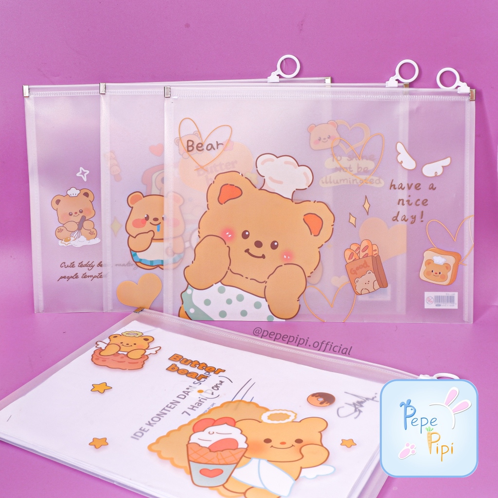 

Map Zipper Pocket A4 DLL-215 Butter Bear Folder Dokumen Zip Lock Transparant Bening