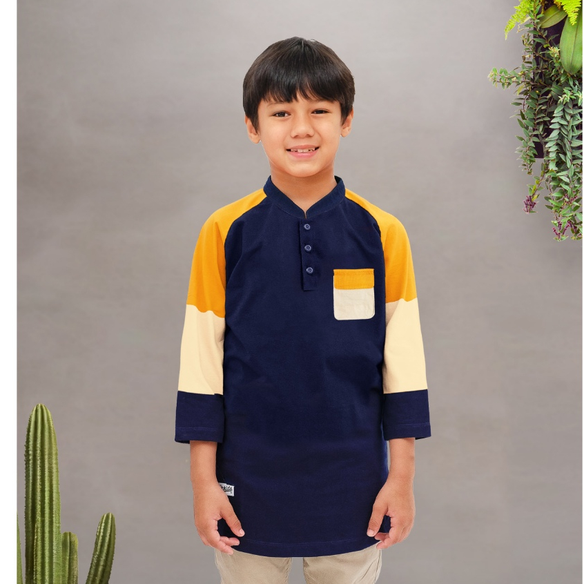 Kaos Kurta Anak Laki Laki Baju Koko Anak Kerah Shanghai Syna Cream Navy