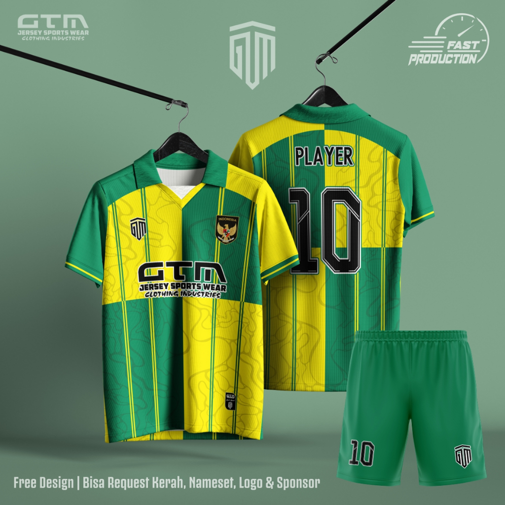 Jersey Bola Futsal Hijau Kuning Kerah Retro ~ Free Custom Design 0009