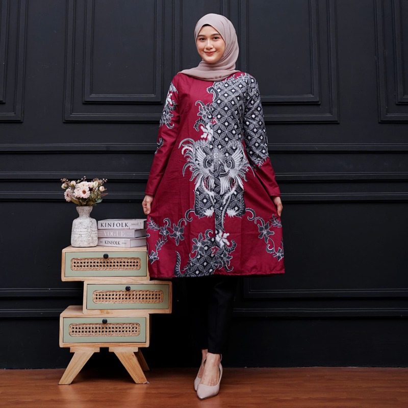batik wanita tunik warna burgandy panjang nya selutut,motif berpola ,bisa seragaman || size lengkap