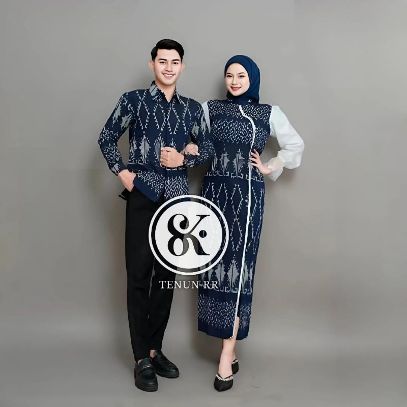 PAKAIAN TENUN - COUPLE TENUN AZELLA NAVY - GAMIS TENUN COUPLE AZELLA & KEMEJA AZEL COUPLE KONDANGAN 
