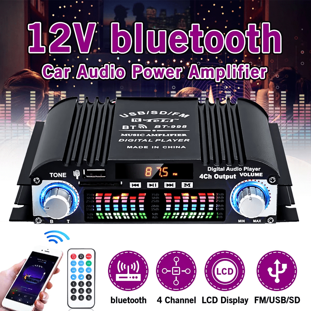 VODOOL Ampli Amplifier HiFi Bluetooth super bass mini Audio 12v 5.0 Stereo 4 Channel 1600W BT 998