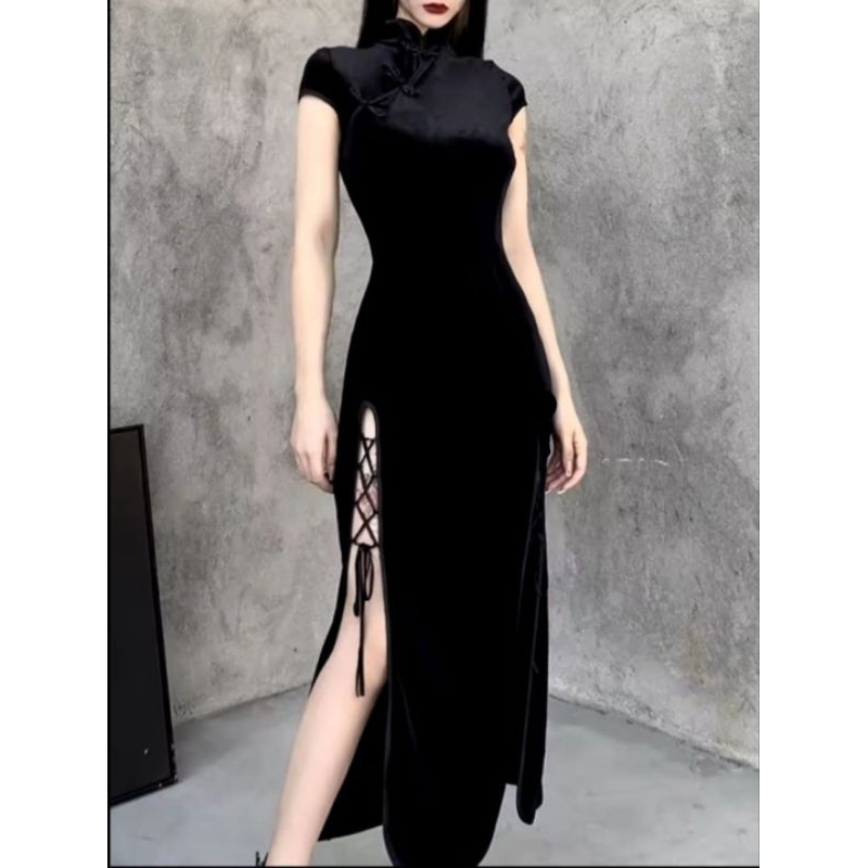 CEONGSAM MIDI DRESS KANCING SHANGHAI BELAHAN SEXY TALI DRESS IMLEK FASHION WANITA KEKINIAN