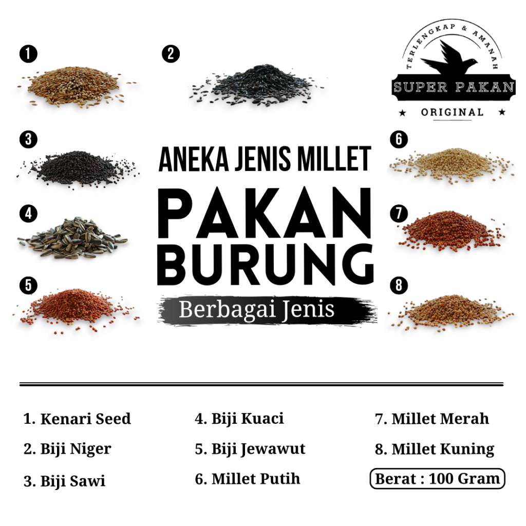 Aneka Millet PAKAN BURUNG, Kenari Seed, Biji Niger, Biji Sawi, Biji Kuaci, Jewawut, Milet Putih dll.