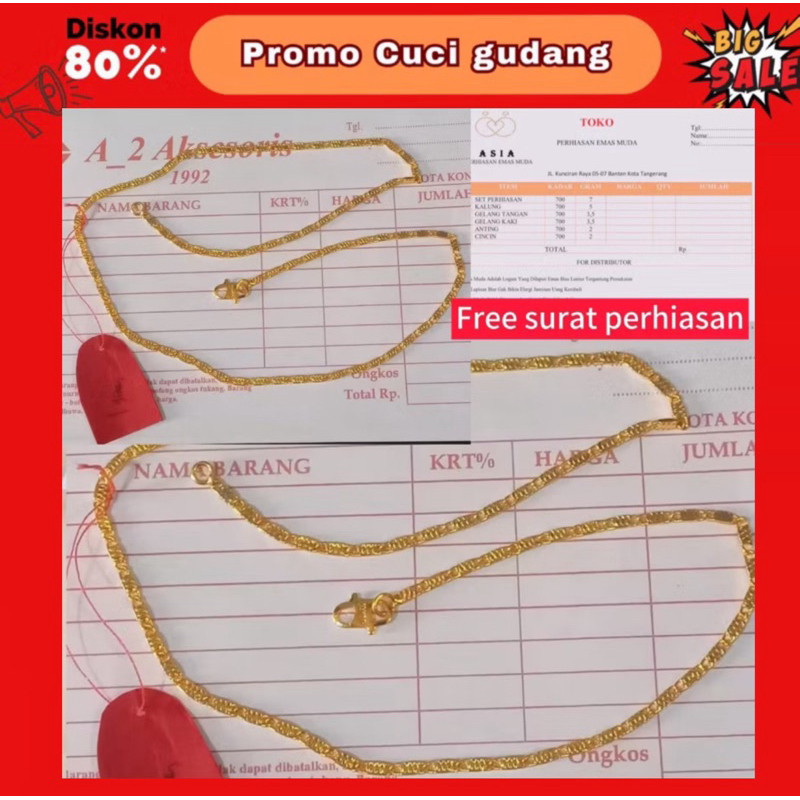 Kalung Emas Asli 24karat Motif Tempe Gepeng Kadar 1 gram Ada surat