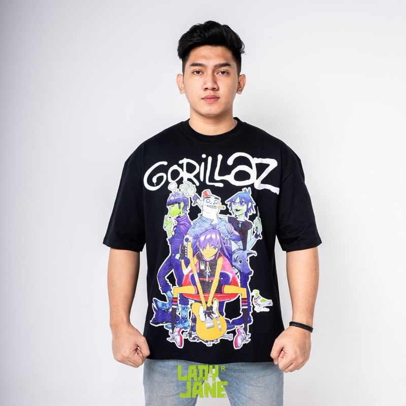 LADYJANE GORILAZ 1 TSHIRT OVERSIZE HITAM KAOS BAND PREMIUM COTTON COMBAD 20'S TERLARIS