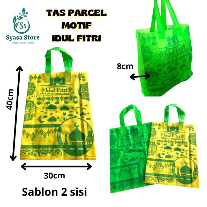 

TAS LEBARAN/TAS PARCEL/TAS SPOUNBOND 30X40X8CM SABLON 2 SISI (HARGA PERPACK ISI 12)