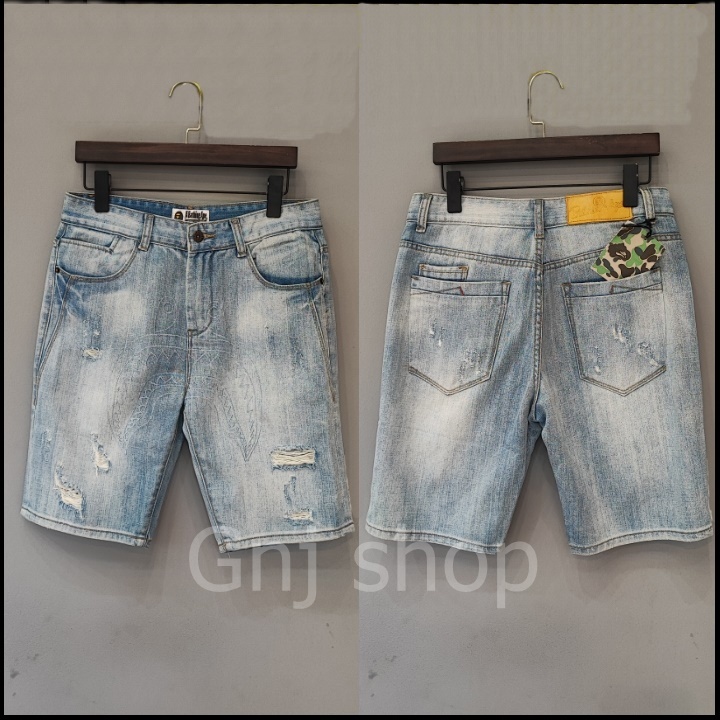 Celana Pendek Bape jeans light blue washed ripped import