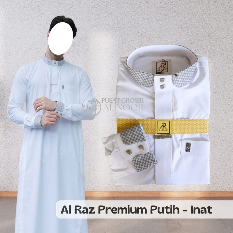 Jubah Saudi | Gamis Pria | Al Raz Kombinasi Putih Inat - Pusat Grosir Al Noor