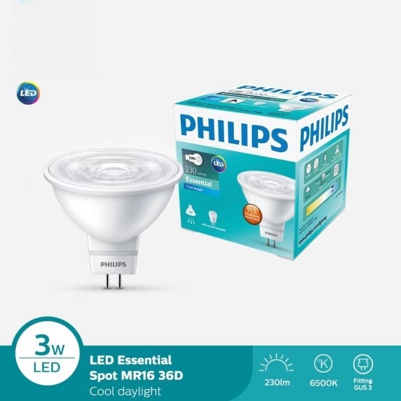 LAMPU PHILIPS ESSENTIAL MR16 LED 3W 3 WATT 220VAC 36D / MR16 PHILIPS 3W 3 WATT