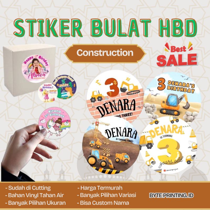 

(50 PCS) Stiker Bulat Custom Bento Hampers Ulang tahun Construction Excavator Tractor