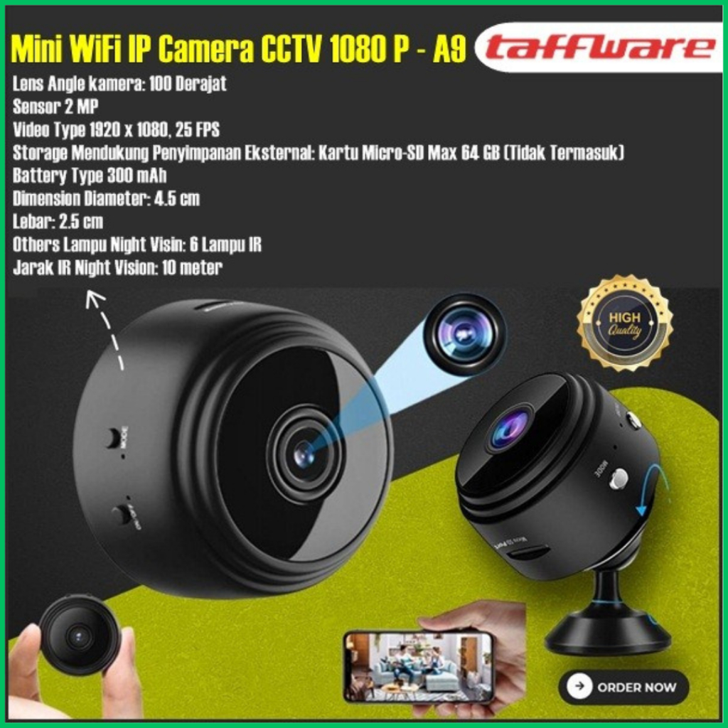 Taffware Camera pengintai CCTV 1080P A9 Mini WiFi Tersembunyi Tanpa Kabel Terhubung Hp Jarak Jauh