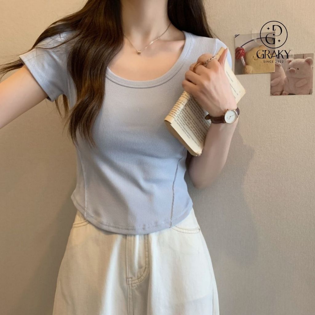 GRAKY - Kaos Cewek Korean Style Ribbed - Baju Casual Elegan untuk Sehari-Hari / T-Shirt Wanita Polos