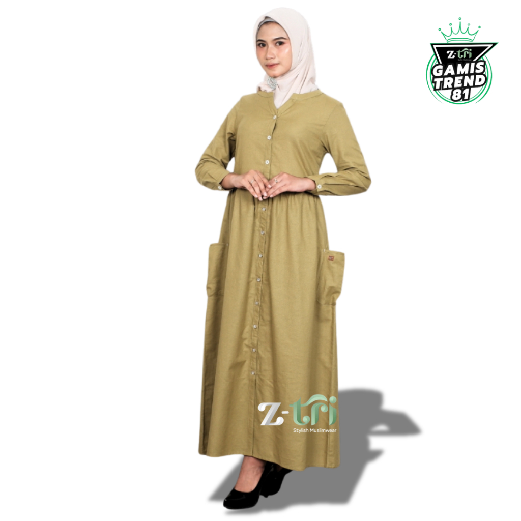 Gamis Lemon polos katun Premium Motif Full Kancing Lengan Panjang Dress Trend