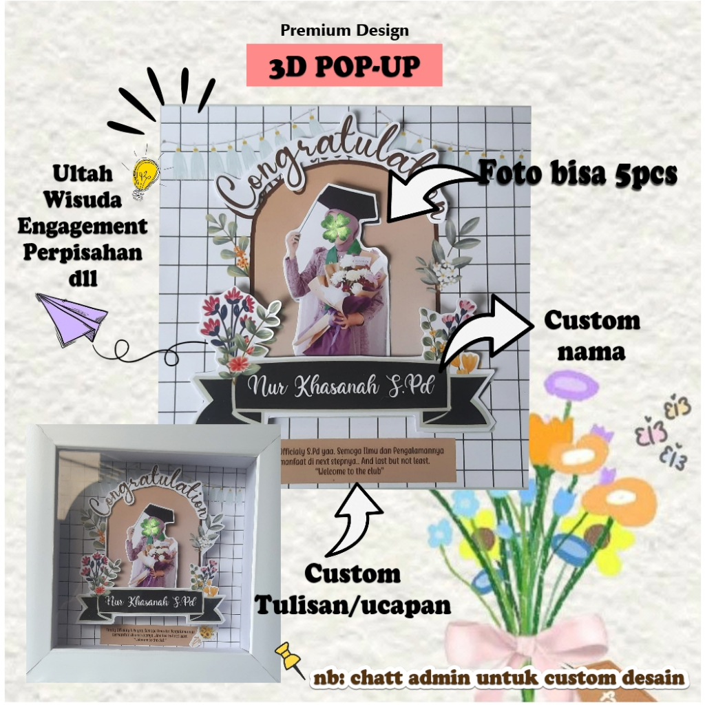 KADO FRAME POP UP 3D CUSTOM ULANGTAHUN PERPISAHAN WISUDA WEDDING DLL