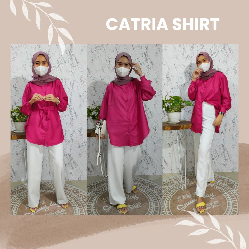 ed khai pakaian atasan wanita kemeja Catria Lengan Panjang Katun Polos Lime turkish el blue fuchsia