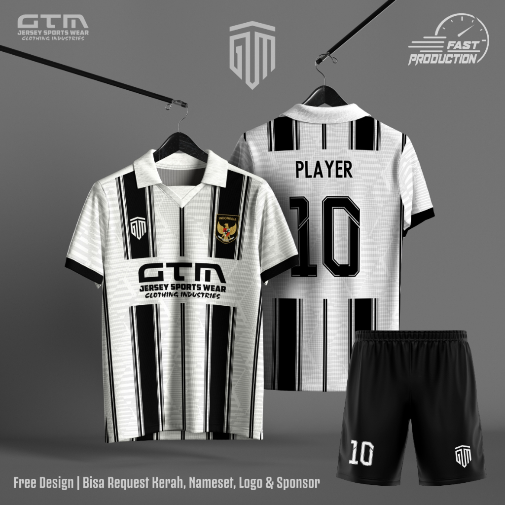 Jersey Bola Futsal putih Hitam Kerah Retro ~ Free Custom Design 0034