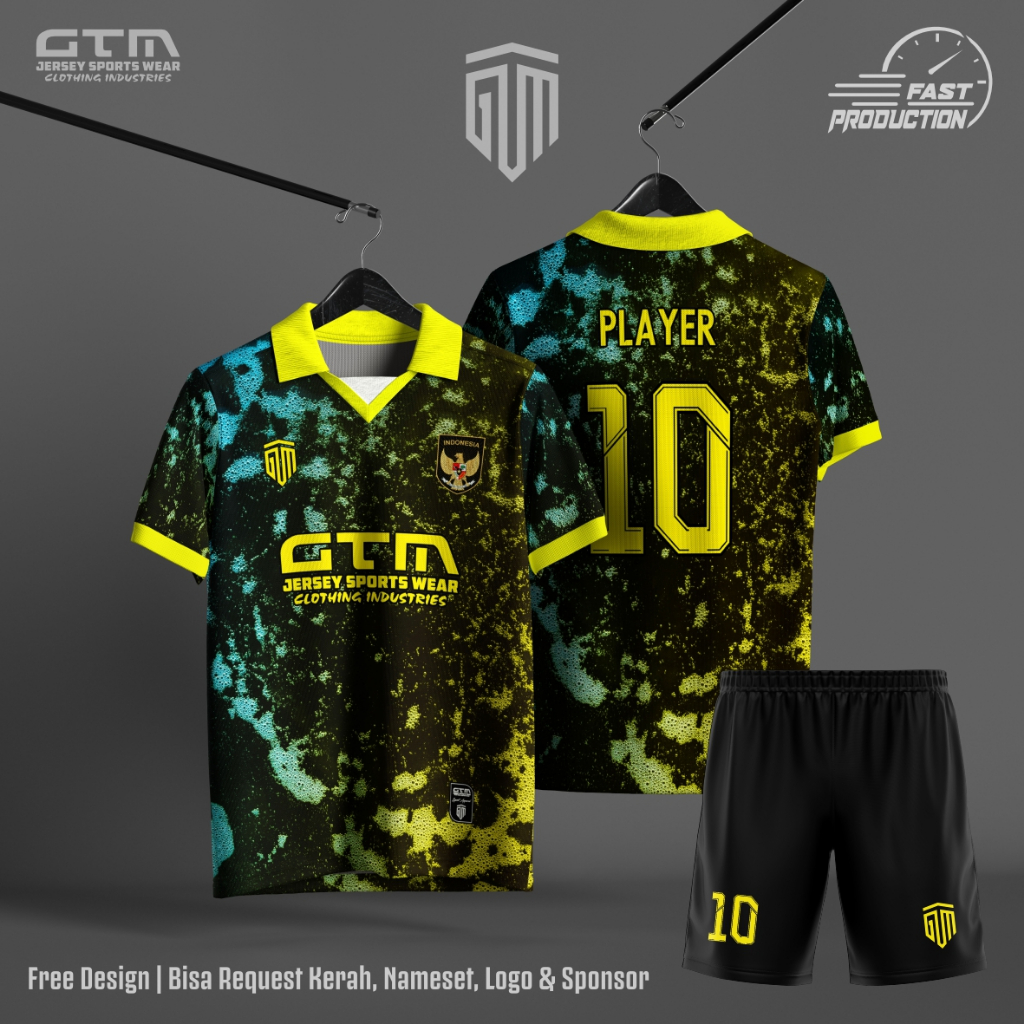 Jersey Bola Futsal Hitam Kuning Abstrak Kerah Retro ~ Free Custom Design 0039