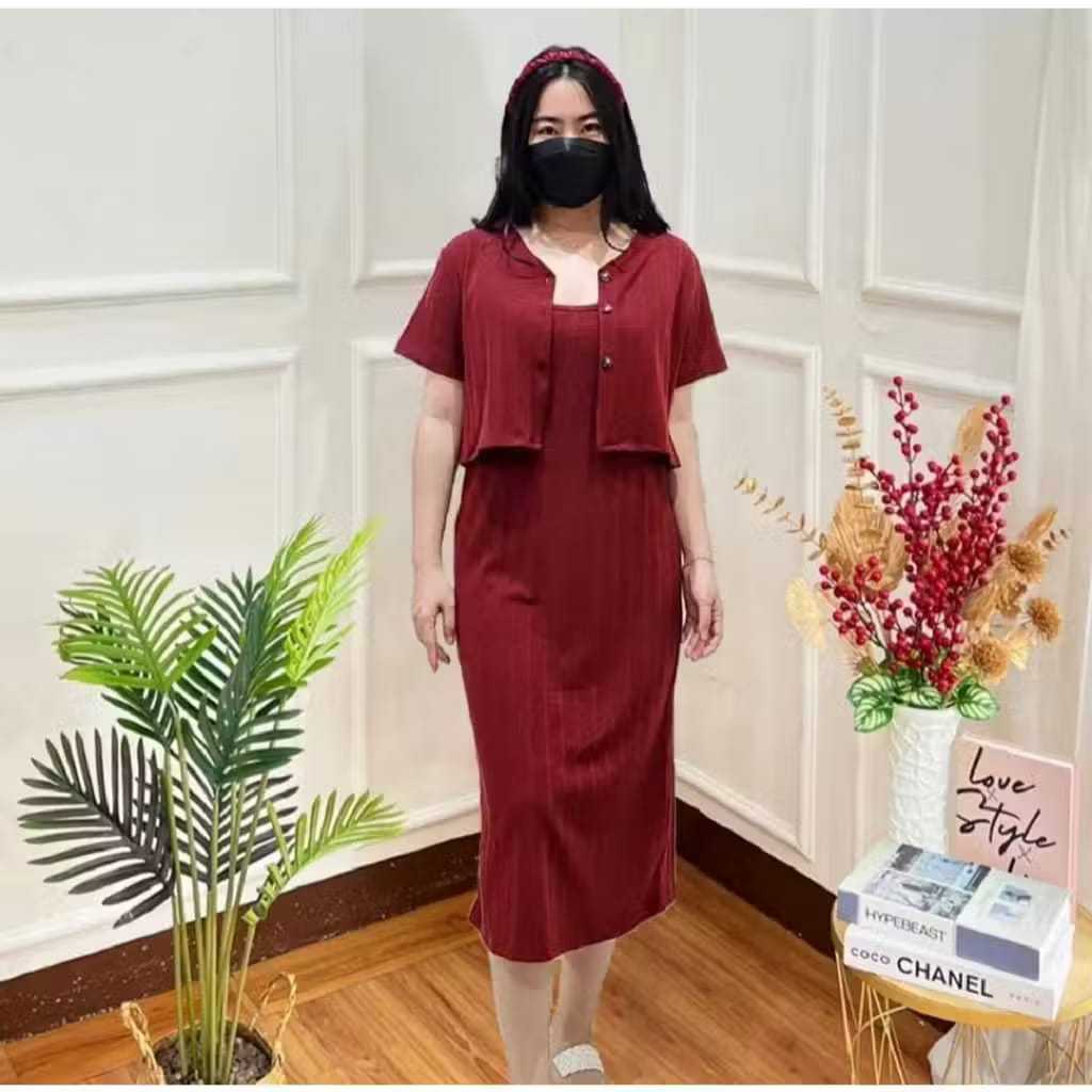 Hari Set 2in1 Midi Dress Blazer / Blazer Crop Kancing & Dress Midi Polos