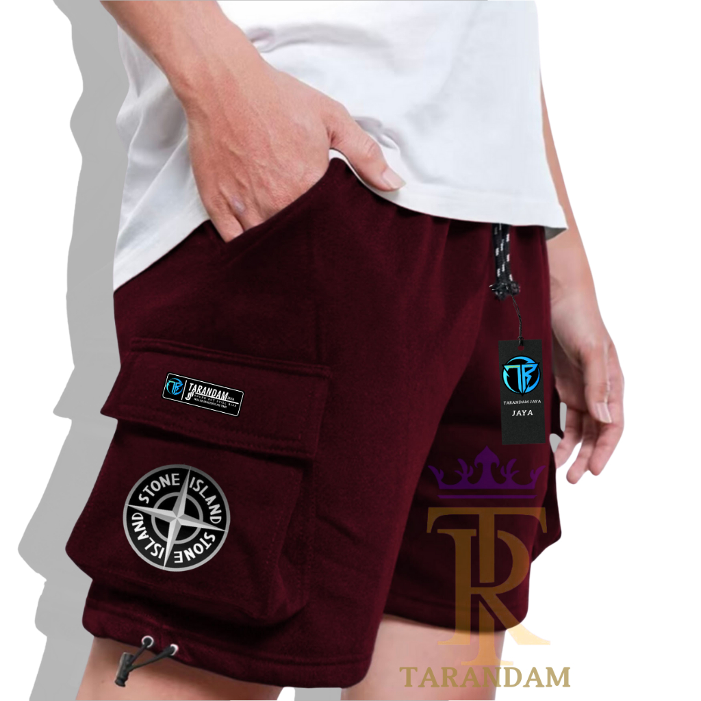 Samoa Cloting Celana Pendek Pria Cargo Stone Island Warna Burgandy Terbaru Bahan Katun Fleece Adem D