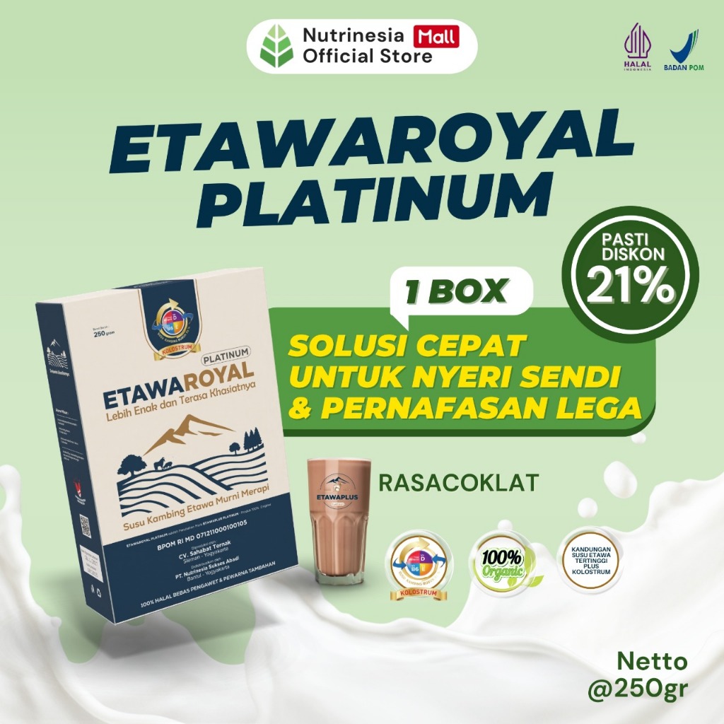 

Susu Kambing Etawa ETAWAROYAL Platinum Perubahan merk Etawaplus Platinum Asli - Rasa Cokelat Untuk Sesak Nafas dan Nyeri Dada - Kemasan 250gr Paket 1 Box