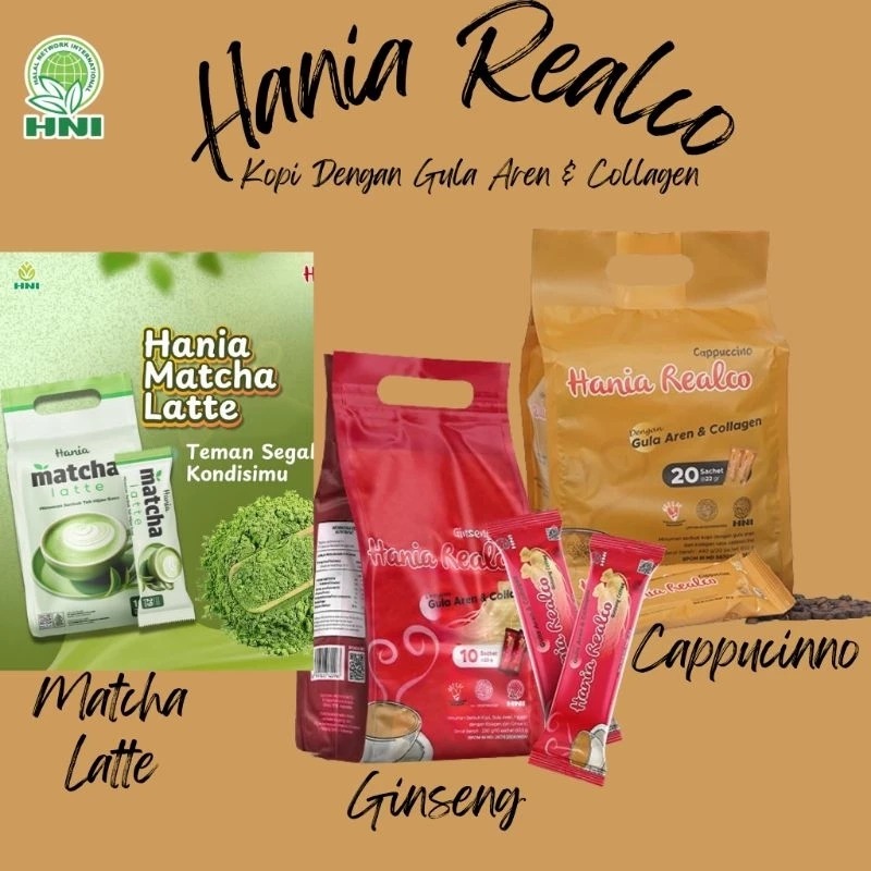 

KOPI - HANIA REALCO Coffee CAPUCINO-GINGSENG-MATCHA LATTE - ISI 10_ HNI HPAI - BPOM